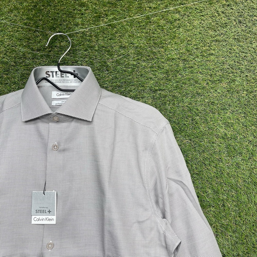 Calvin Klein Steel+ Dress Shirt Mens 15.5 32/33 Slim Fit Taupe Check NWT